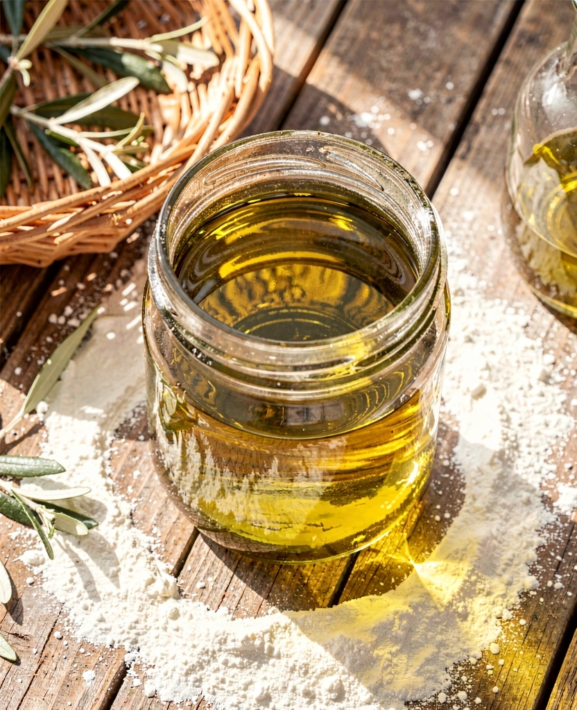 Aceite de oliva virgen extra en mesa rústica